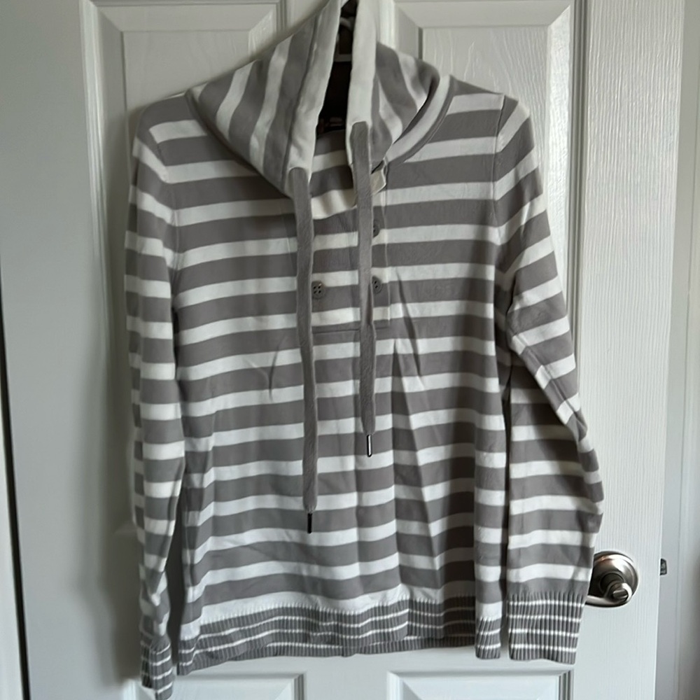 Gray striped cowl neck sweater. Large